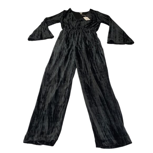A New Day Jumpsuit Womens Small Black Velvet Empire Waist V Neck Straight Leg - Picture 13 of 16